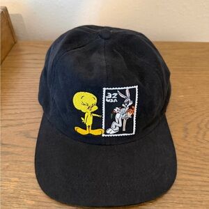 VTG Looney Tunes Hat Snap Back black stamp Collection Bugs Bunny Tweety Bird 90s